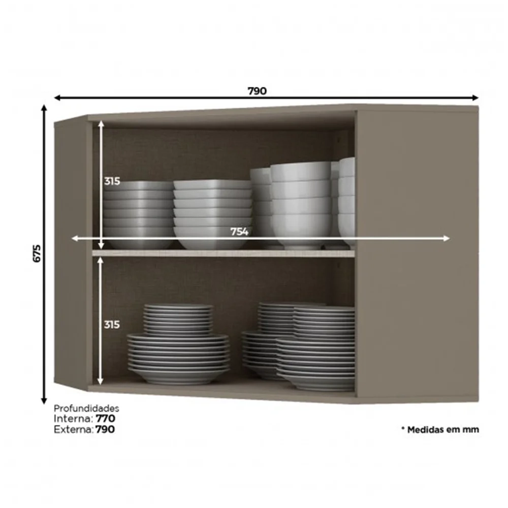 Armário Aéreo Canto Oblíquo 79cm 2 Portas 100% MDF Connect Duna/Cristal - Henn
