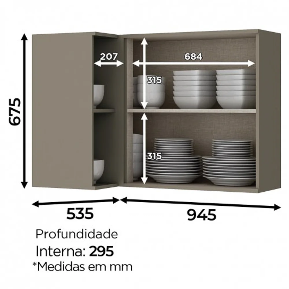 Armário Aéreo Canto Reto cm 1 Porta 100% MDF Connect Duna/Cristal - Henn