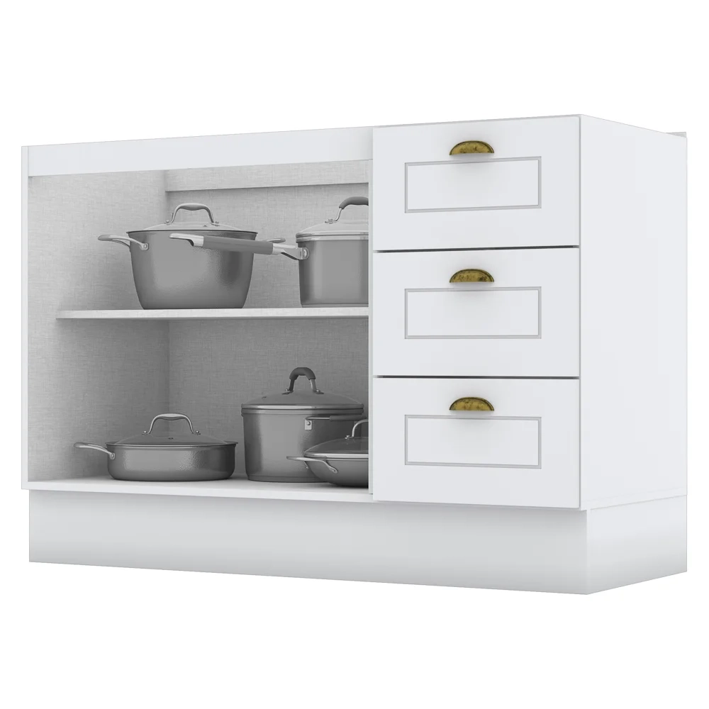 Balcão Gabinete Para Pia 120cm 3 Portas 2 Gavetas sem Tampo 100% MDF Americana Branco - Henn