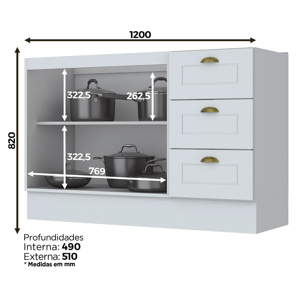 Balcão Gabinete Para Pia 120cm 3 Portas 2 Gavetas sem Tampo 100% MDF Americana Branco - Henn