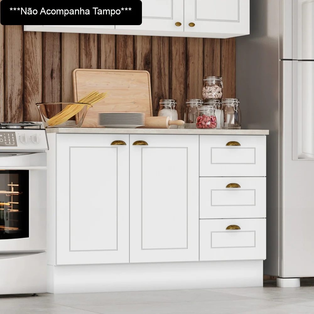 Balcão Gabinete Para Pia 120cm 3 Portas 2 Gavetas sem Tampo 100% MDF Americana Branco - Henn