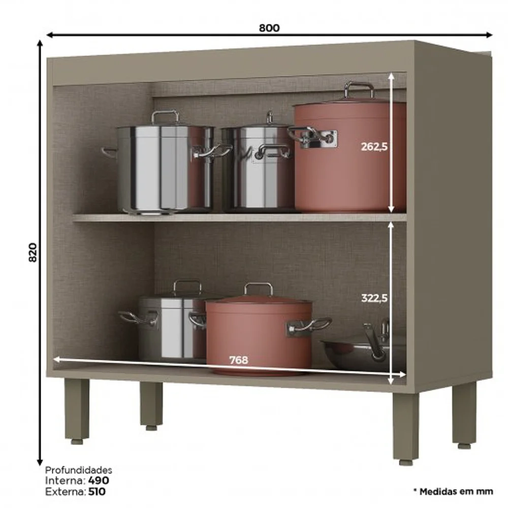 Balcão 80cm 2 Portas 100% MDF Sem Tampo Connect Duna/Cristal - Henn