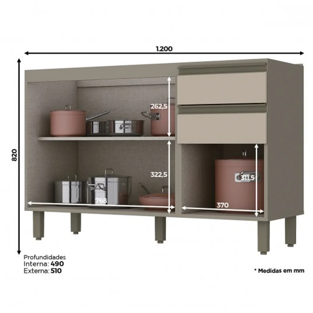 Balcão Gabinete Para Pia 120cm 2 Portas 3 Gavetas Sem Tampo Connect Duna/Cristal - Henn