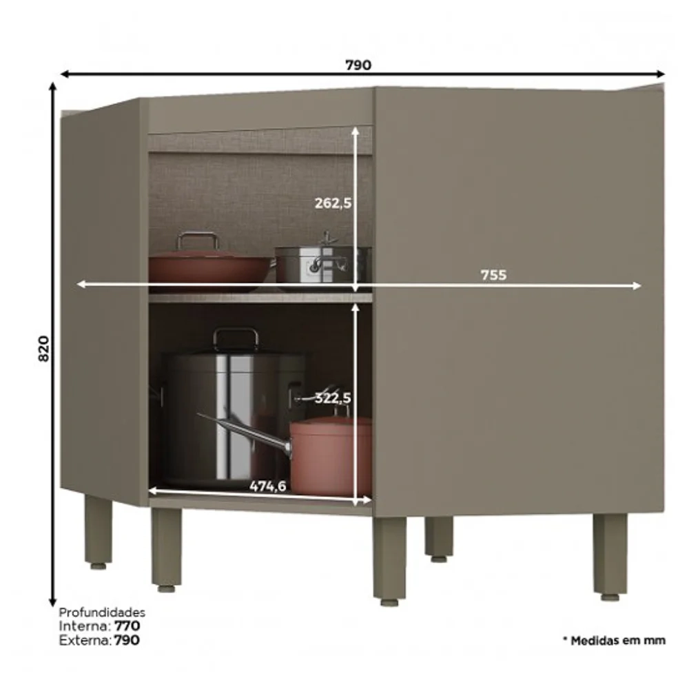 Balcão Canto Oblíquo 1 Porta 100% MDF Sem Tampo Connect Duna/Cristal - Henn