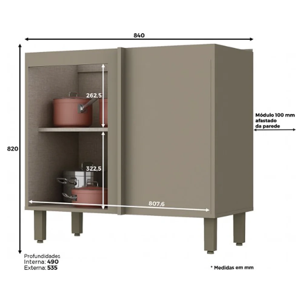 Balcão Canto Reto 1 Porta 100% MDF Sem Tampo Connect Duna/Cristal - Henn