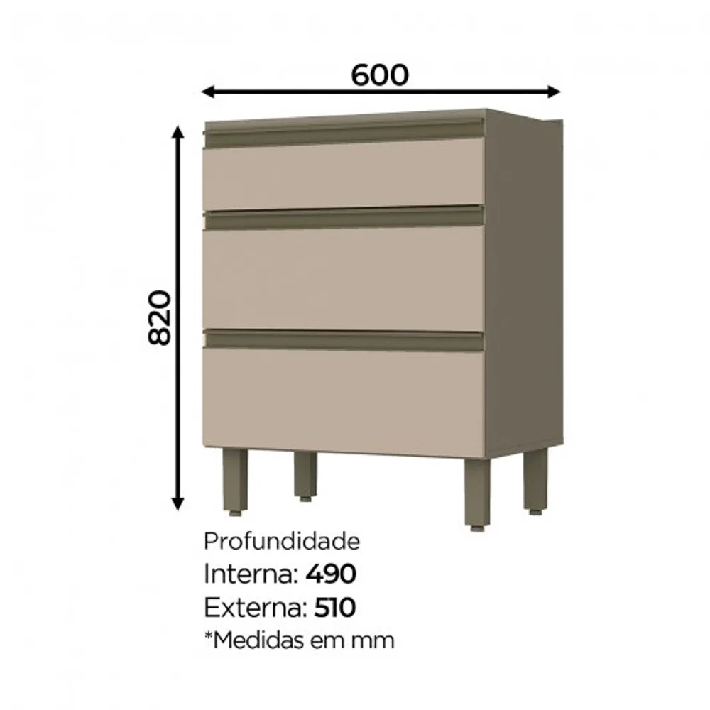 Balcão 60cm 3 Gavetas 100% MDF Sem Tampo Connect Duna/Cristal - Henn