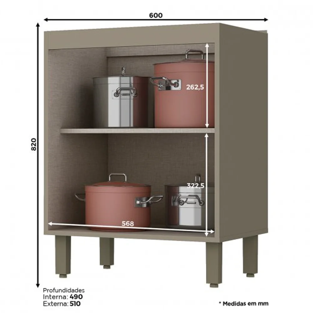 Balcão 60cm 2 Portas 100% MDF Sem Tampo Connect Duna/Cristal - Henn