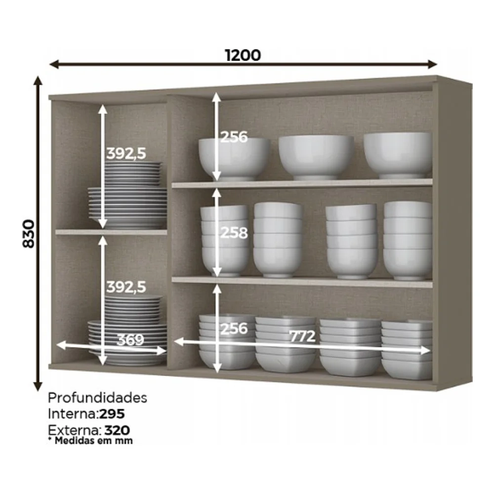 Armário Aéreo 120cm 3 Portas de Vidro Connect Duna/Cristal - Henn