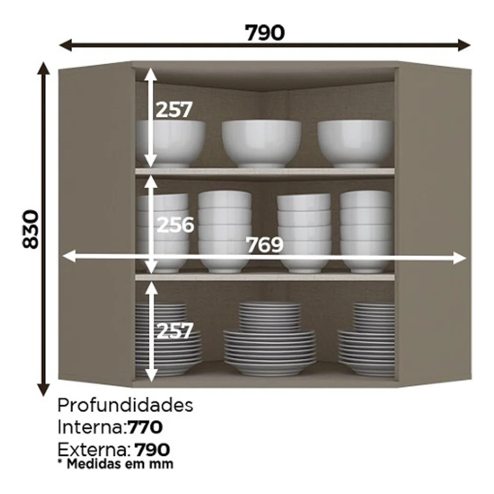 Armário Aéreo Canto Oblíquo 2 Portas 100% MDF Connect Duna/Cristal - Henn