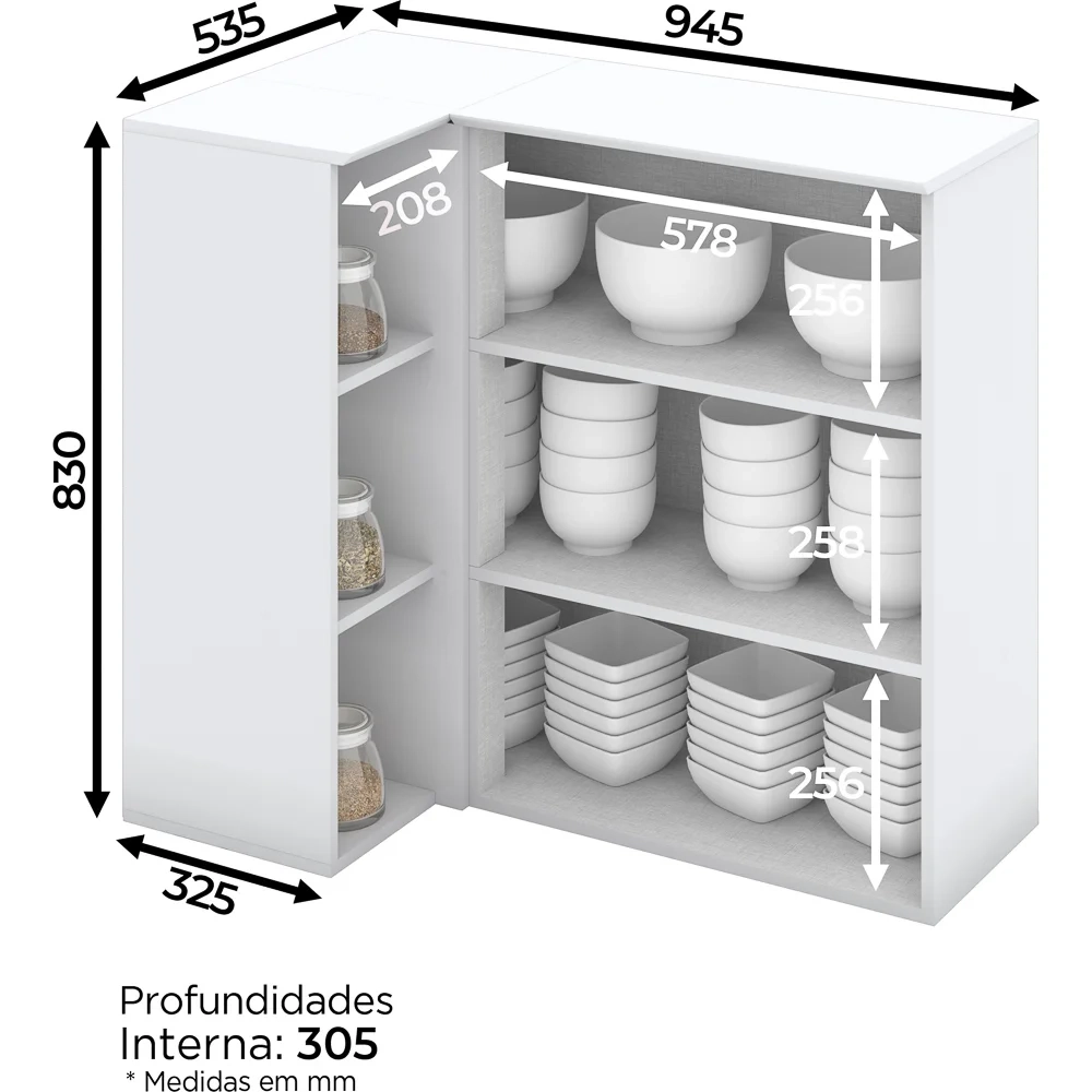 Armário Aéreo de Canto Reto 1 Porta 3 Nichos 100% MDF Americana Branco HP - Henn