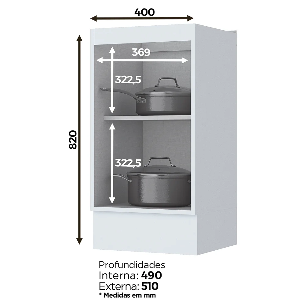 Balcão 40cm 1 Porta sem Tampo 100% MDF Americana Branco HP - Henn