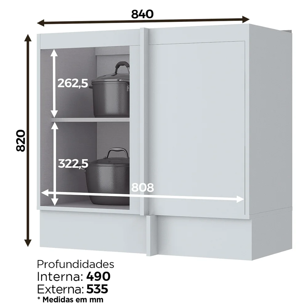 Balcão Canto Reto 84cm 1 Porta 100% MDF Americana Branco HP - Henn