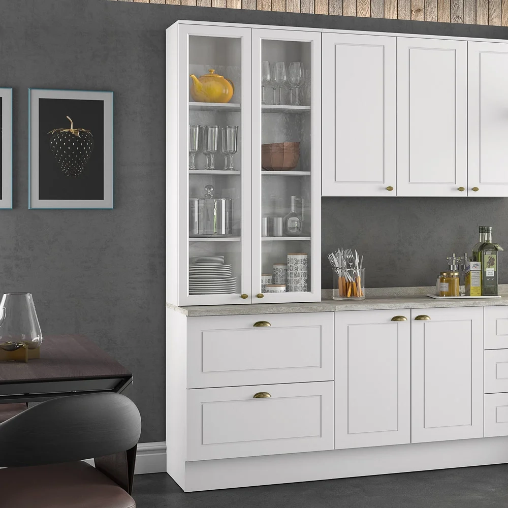 Cristaleira 2 Portas de Vidro 2 Gavetas 100% MDF Americana Branco HP - Henn