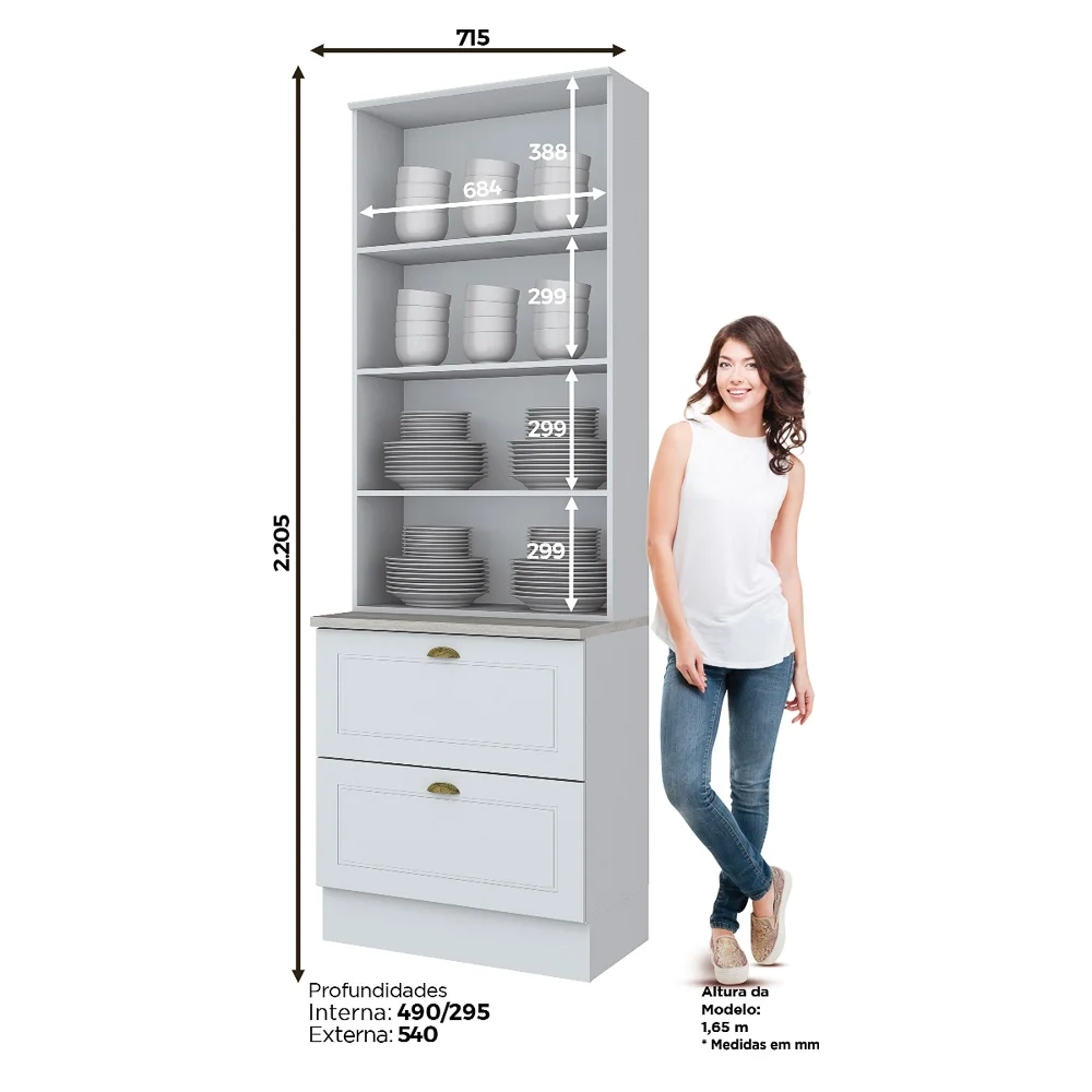 Cristaleira 2 Portas de Vidro 2 Gavetas 100% MDF Americana Branco HP - Henn