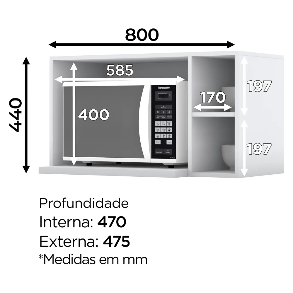 Armário Aéreo Para Micro-ondas 80cm 2 Nichos 100% MDF Branco HP - Henn