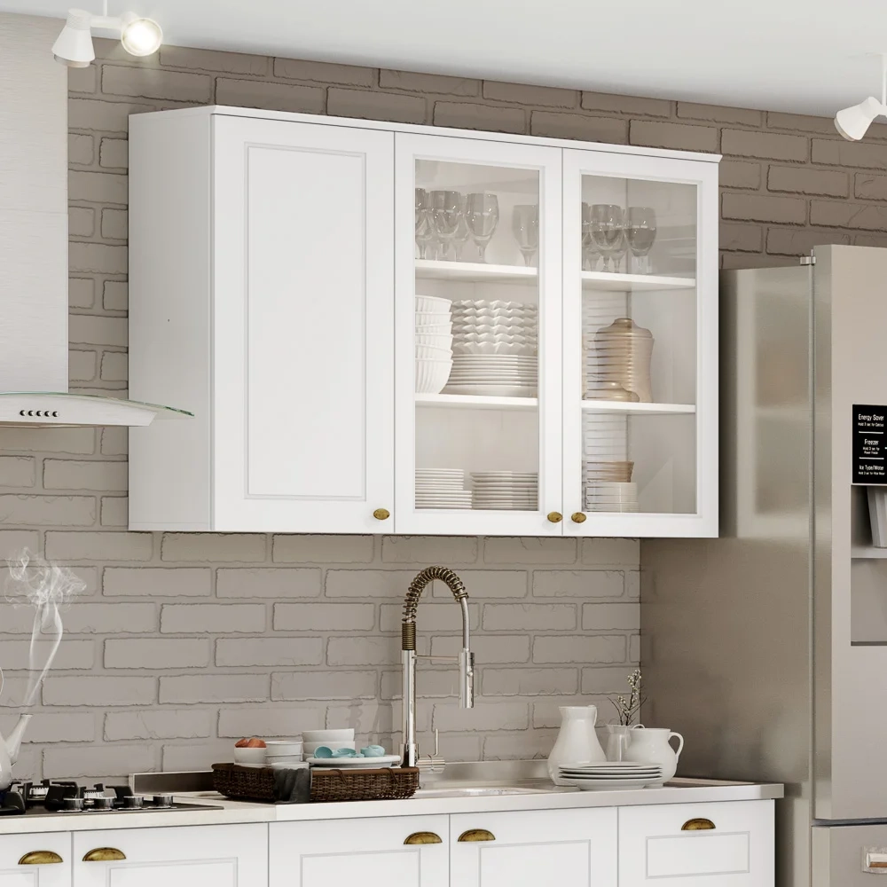 Armário Aéreo 120cm 2 Portas de Vidro 1 Porta Fechada 100% MDF Americana Branco HP - Henn