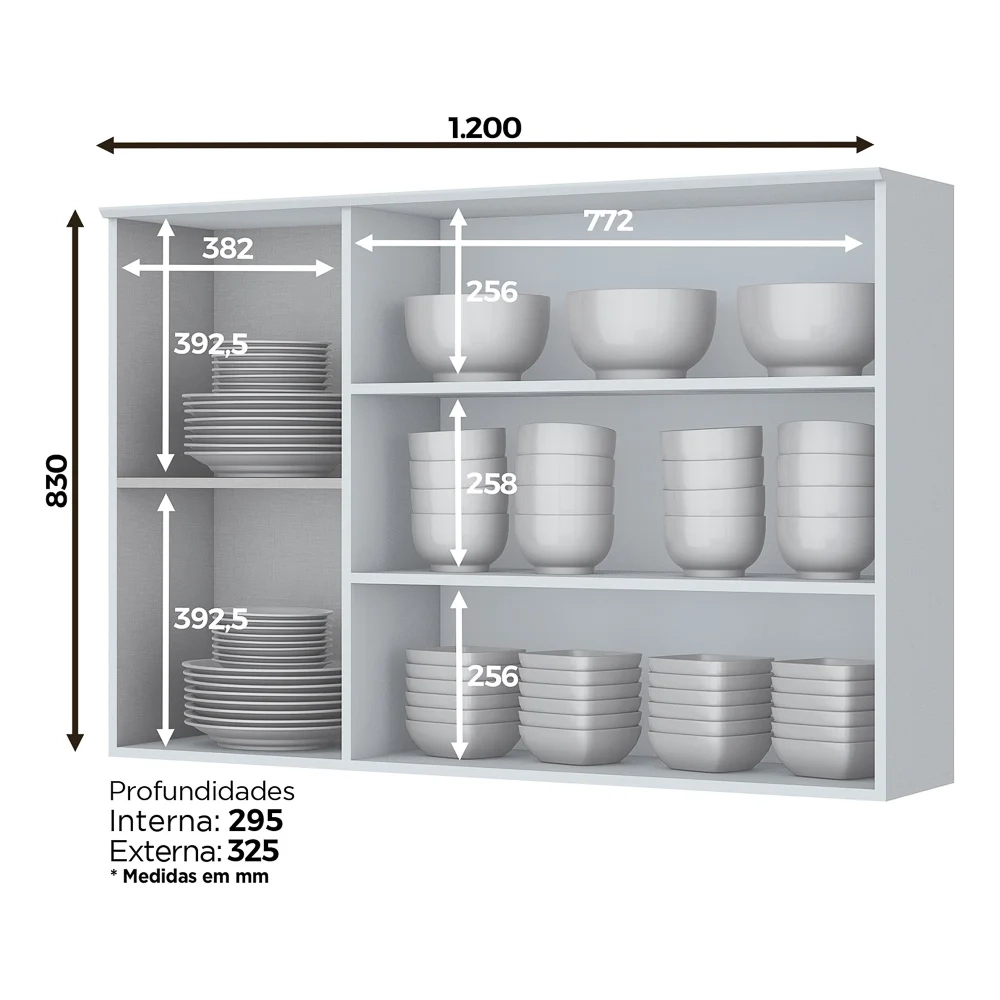 Armário Aéreo 120cm 2 Portas de Vidro 1 Porta Fechada 100% MDF Americana Branco HP - Henn