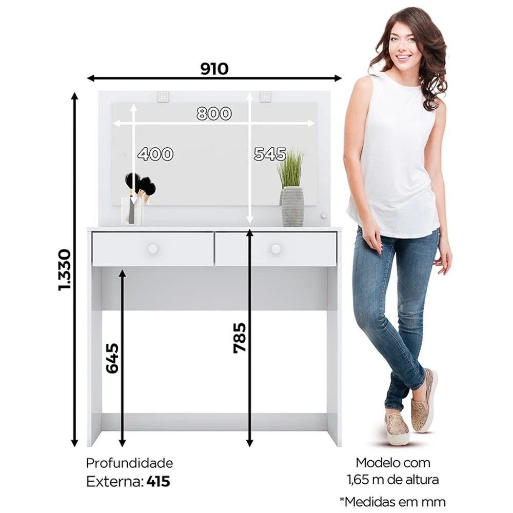 Penteadeira Camarim Com Espelho 2 Gavetas Daila Branco - Henn