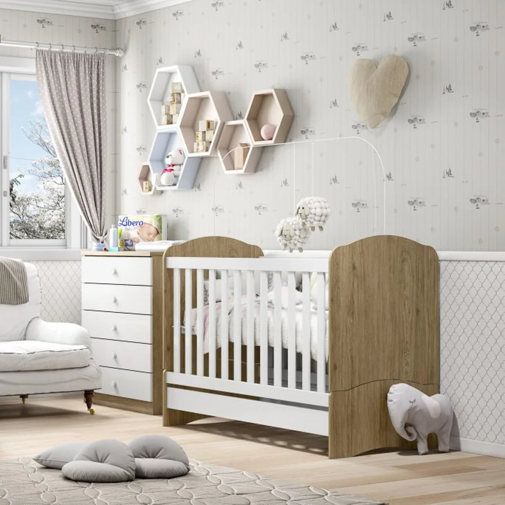 Berço Multifuncional 3 em 1 Certificado Inmetro Bala de Menta Rústico/Branco - Henn