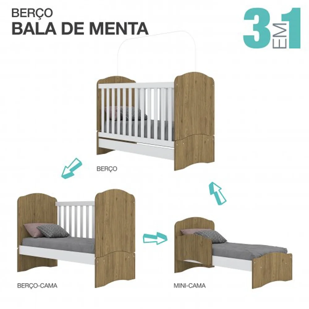 Berço Multifuncional 3 em 1 Certificado Inmetro Bala de Menta Rústico/Branco - Henn