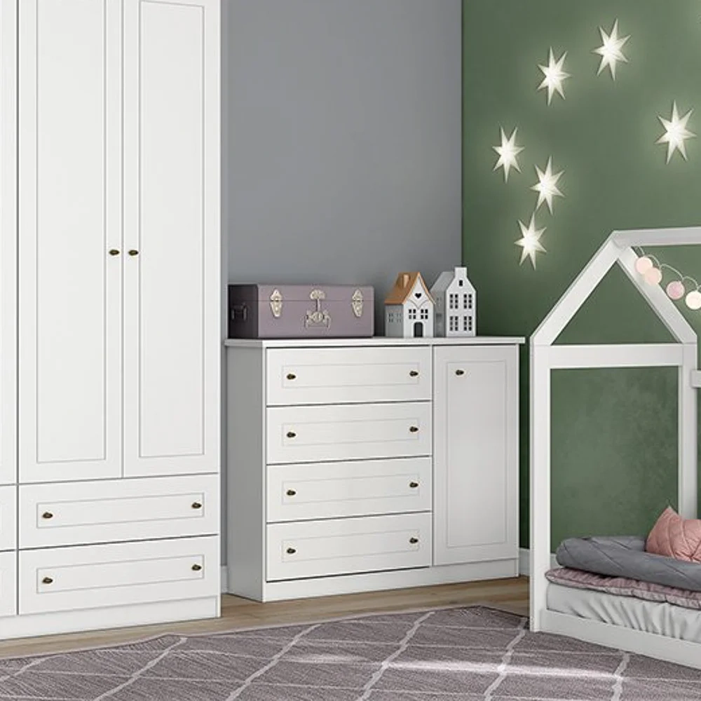 Cômoda Infantil 1 Porta 4 Gavetas Americano Branco HP - Henn