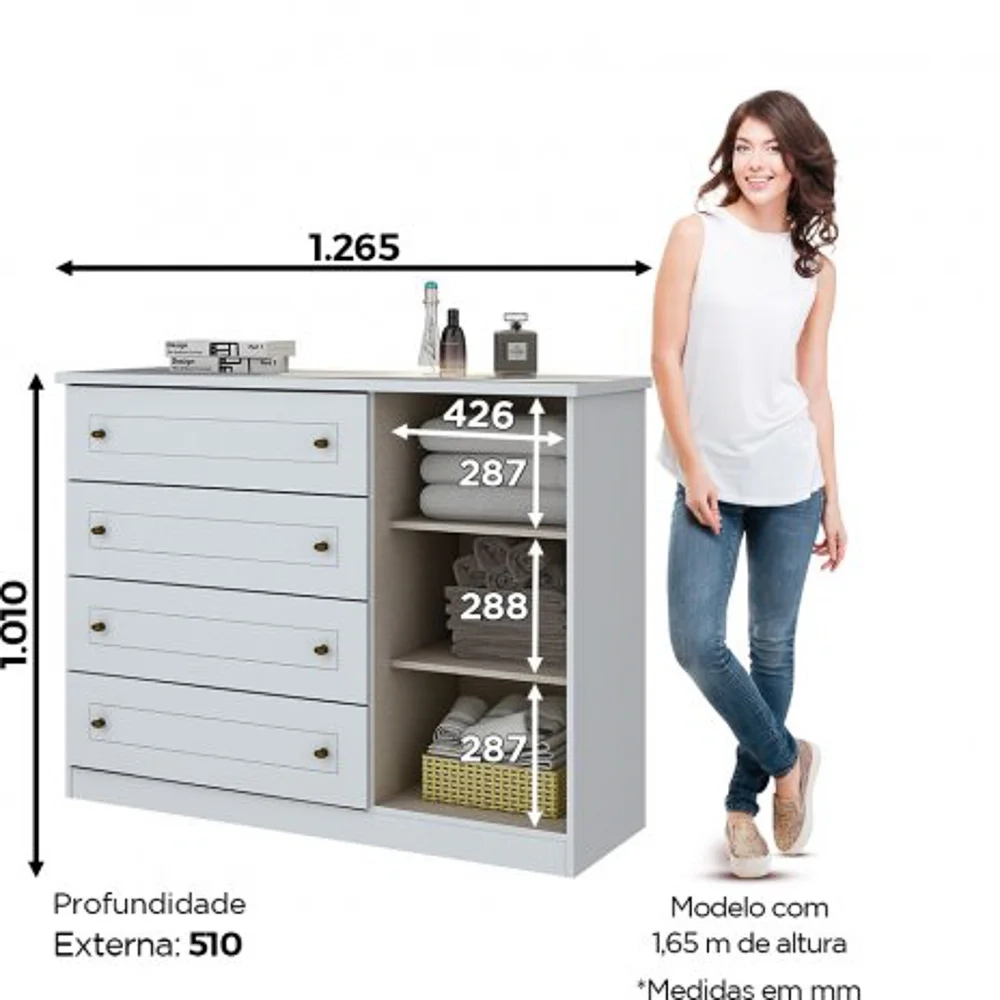 Cômoda Infantil 1 Porta 4 Gavetas Americano Branco HP - Henn