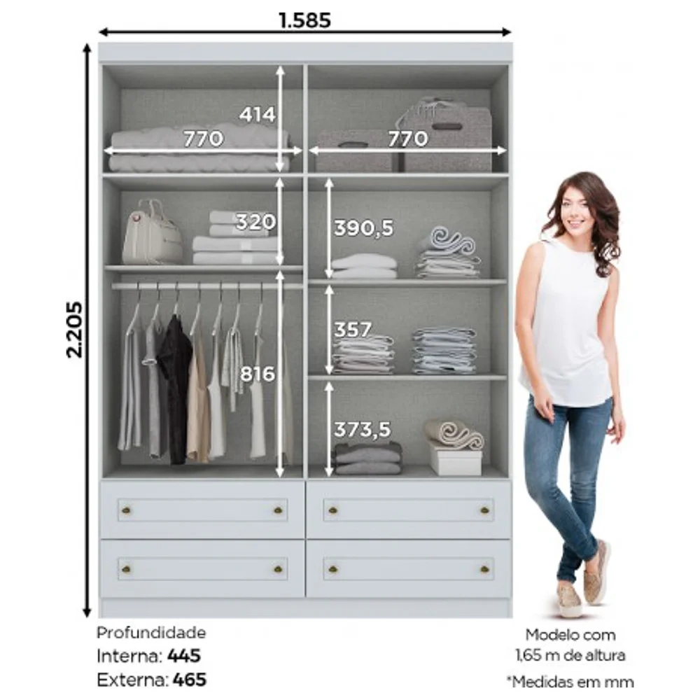 Guarda Roupa Infantil 4 Portas 4 Gavetas Americano Branco - Henn