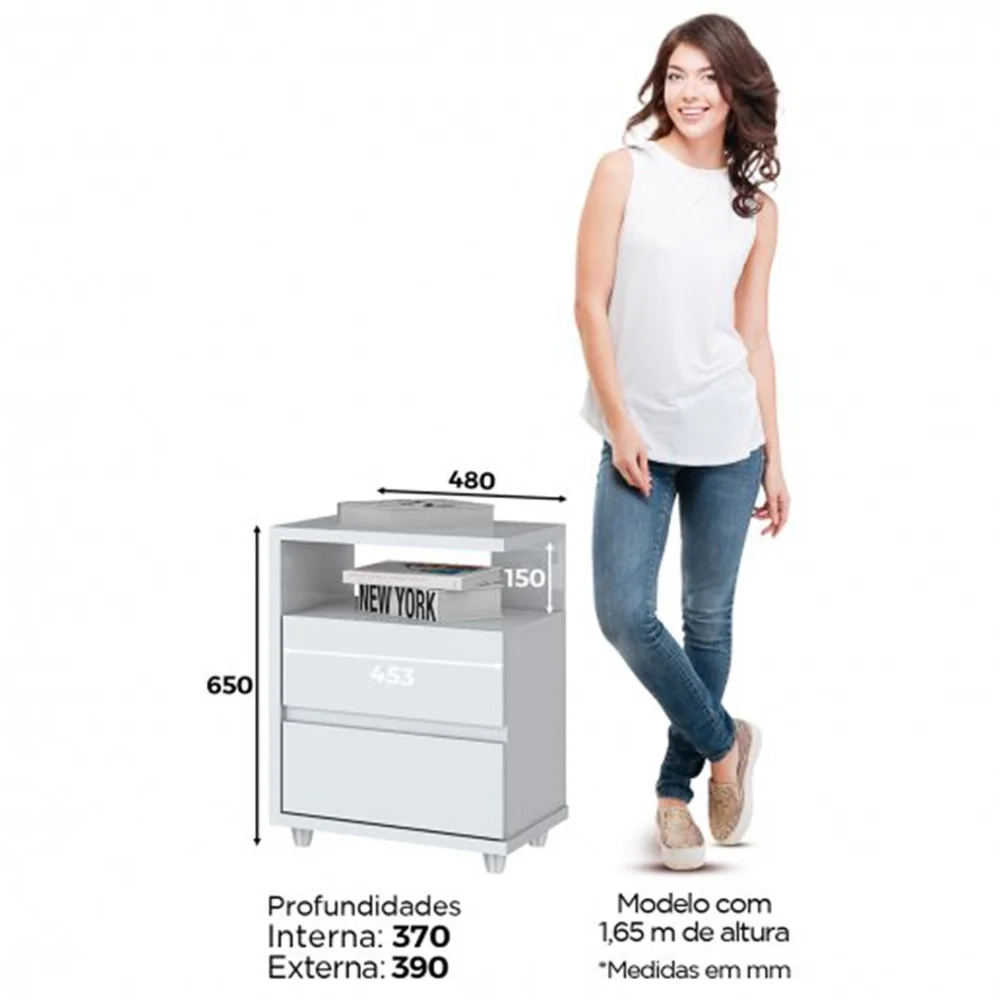 Mesa de Cabeceira 2 Gavetas Campeche Branco - Henn