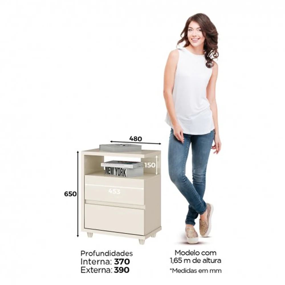 Mesa de Cabeceira 2 Gavetas Campeche Off White - Henn