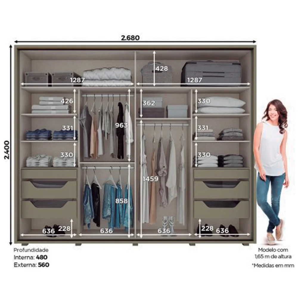 Guarda Roupa Casal Com Espelho 2 Portas de Correr Cavic Duna/Off White - Henn