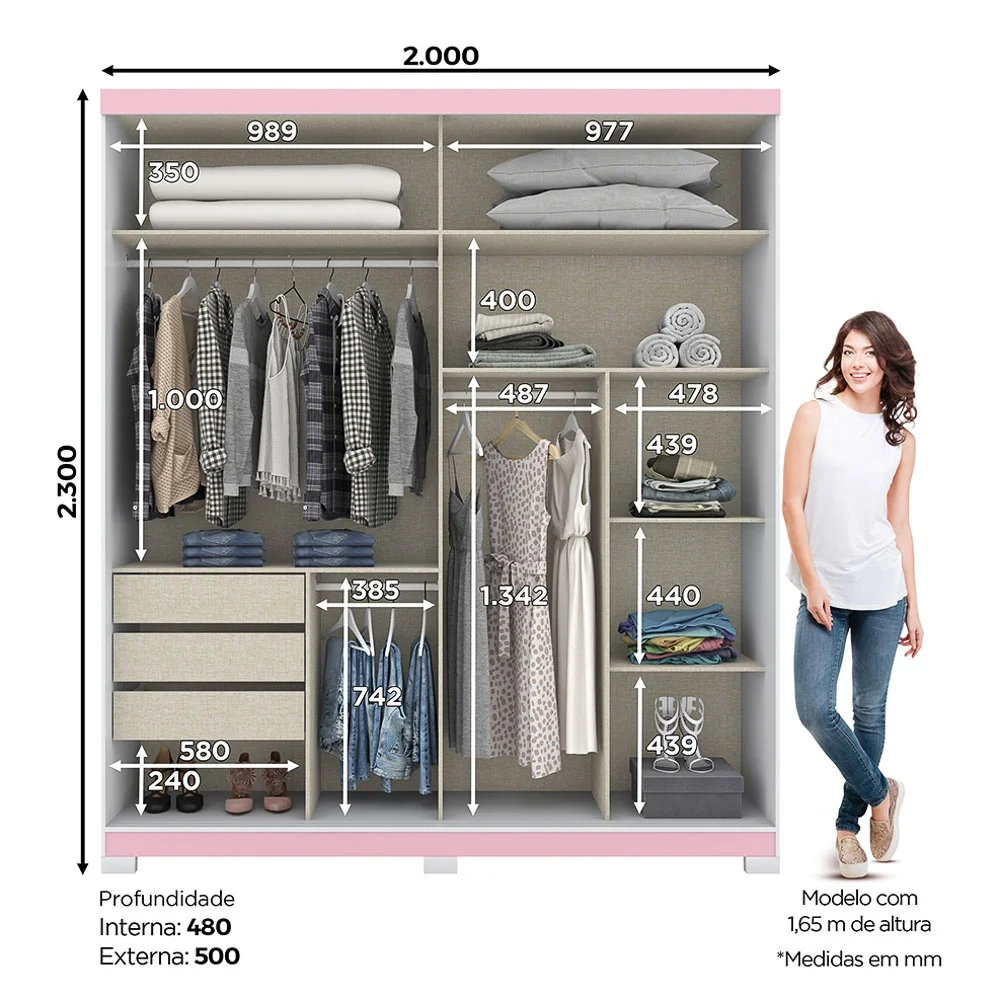 Guarda Roupa Solteiro Com Espelho 2 Portas Verg Flex Branco/Rosa Chá - Henn