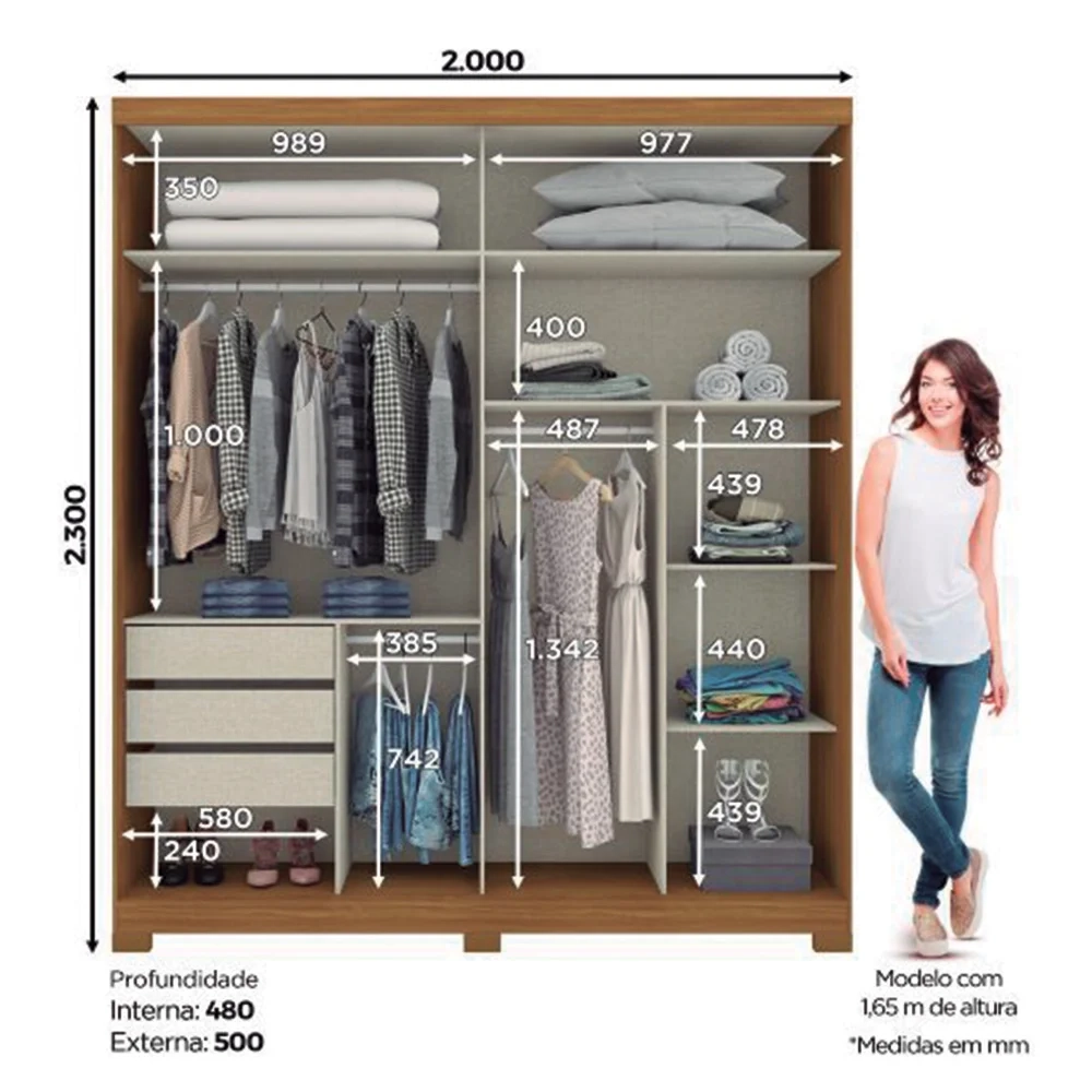 Guarda Roupa Solteiro Com Espelho 2 Portas Verg Nature/Off White - Henn