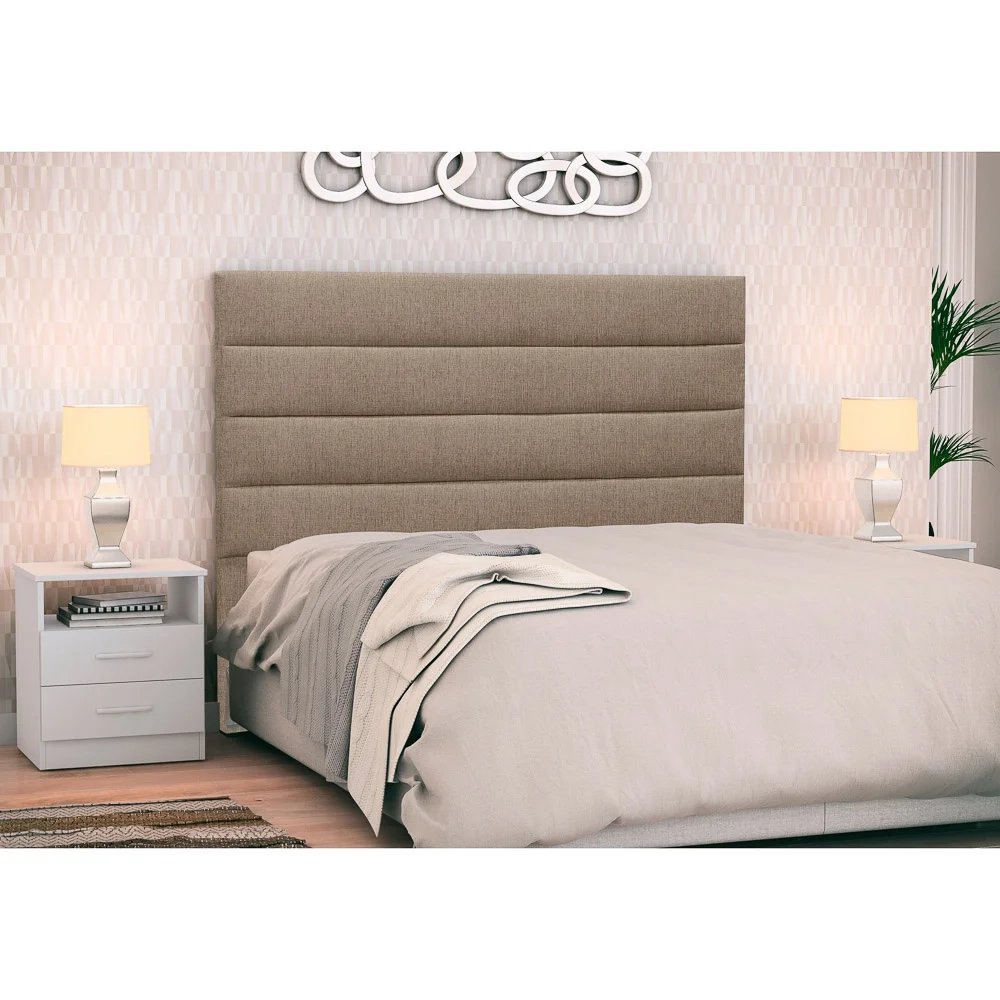 Cabeceira Cama Box Casal Queen 160cm Greta Linho Areia e 2 Mesas de Cabeceira Flex Branco - Mpozenato