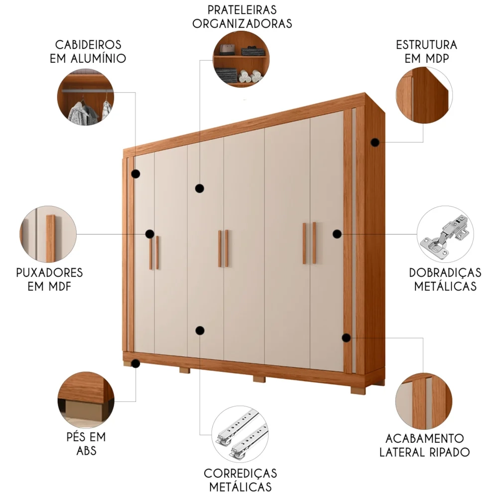 Guarda Roupa Casal 230cm Com 6 Portas Brasid Freijó/Off C01 - Mpozenato