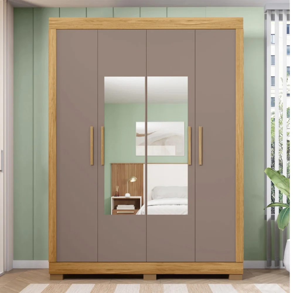 Guarda Roupa Solteiro 154cm 4 Portas Espelho Brasid Mel/Cacao C01 - Mpozenato