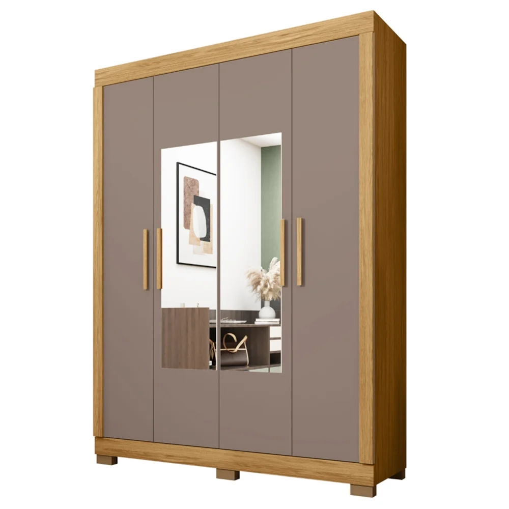 Guarda Roupa Solteiro 154cm 4 Portas Espelho Brasid Mel/Cacao C01 - Mpozenato