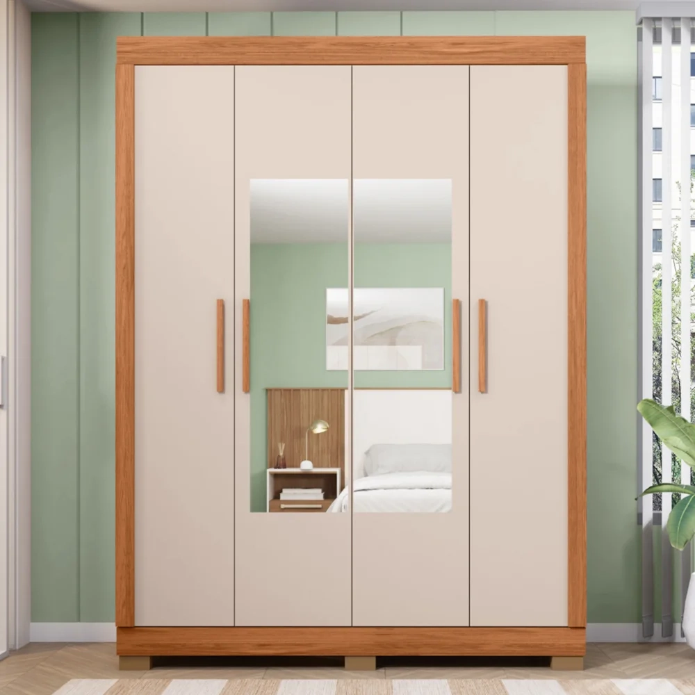 Guarda Roupa Solteiro 154cm 4 Portas Espelho Brasid Freijó/Off C01 - Mpozenato