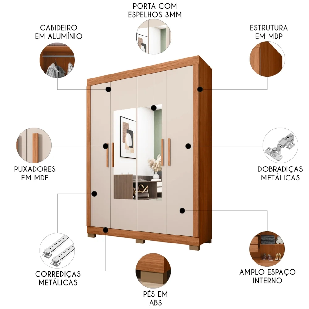 Guarda Roupa Solteiro 154cm 4 Portas Espelho Brasid Freijó/Off C01 - Mpozenato