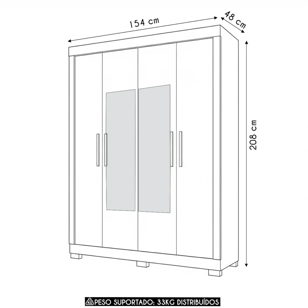 Guarda Roupa Solteiro 154cm 4 Portas Espelho Brasid Freijó/Off C01 - Mpozenato