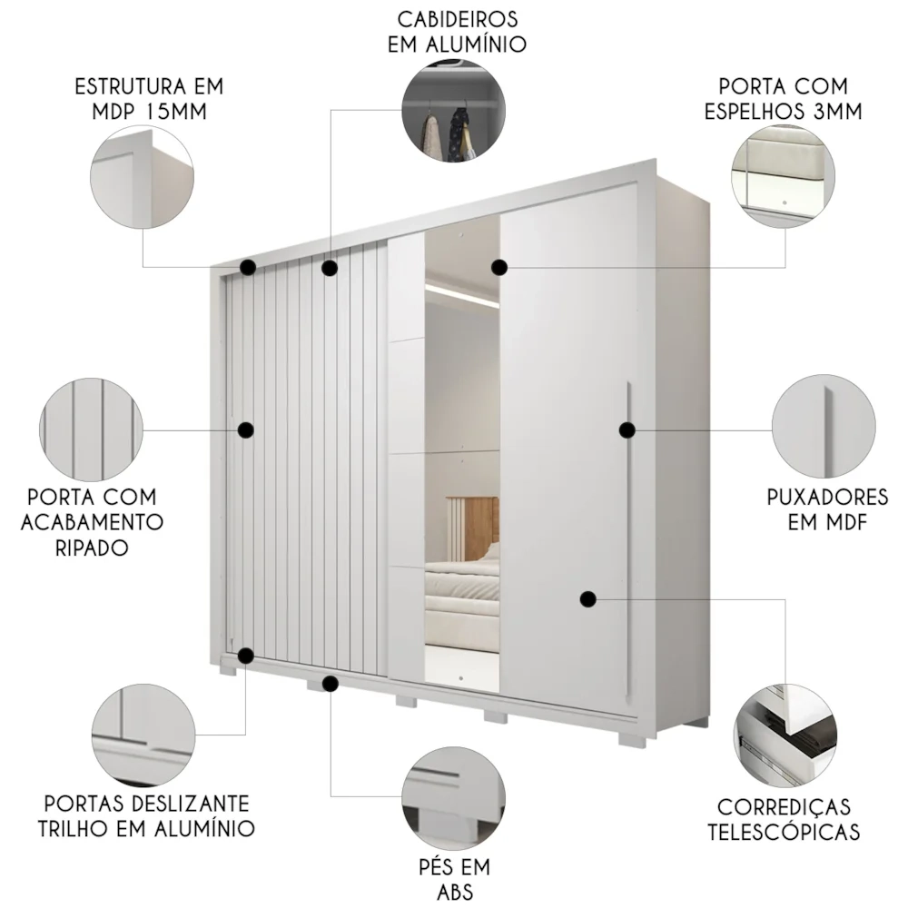 Guarda Roupa Casal 245cm 2 Portas Espelho Scipio Branco C01 - Mpozenato