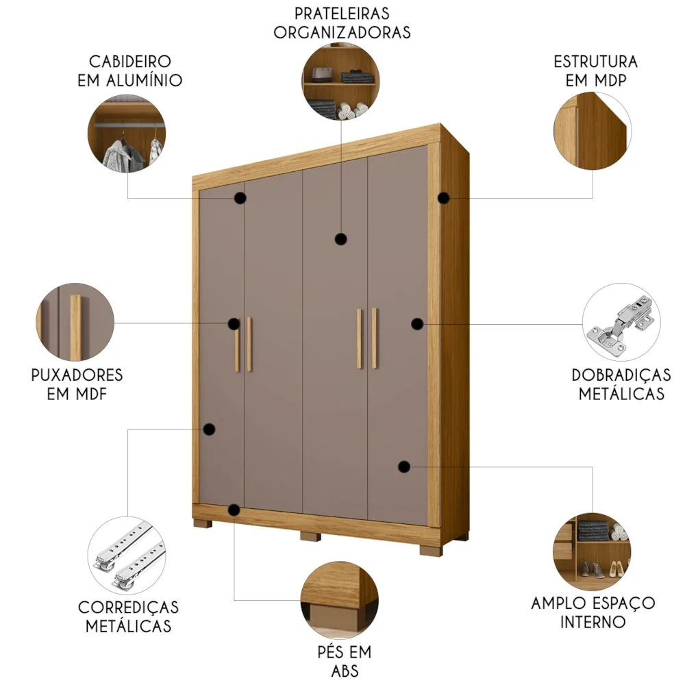 Guarda Roupa Solteiro 154cm Com 4 Portas Brasid Mel/Cacao C01 - Mpozenato