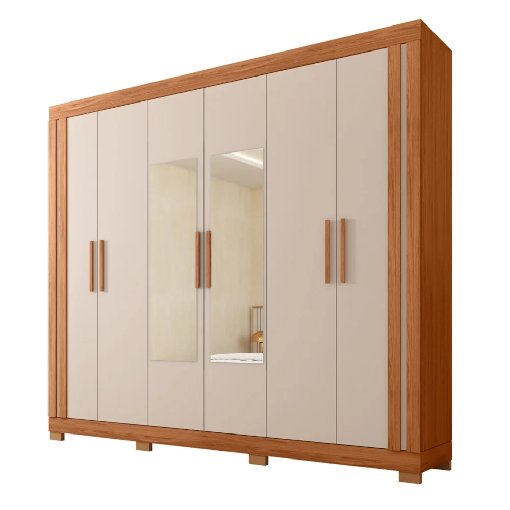 Guarda Roupa Casal 230cm 6 Portas Espelho Brasid Freijó/Off C01 - Mpozenato