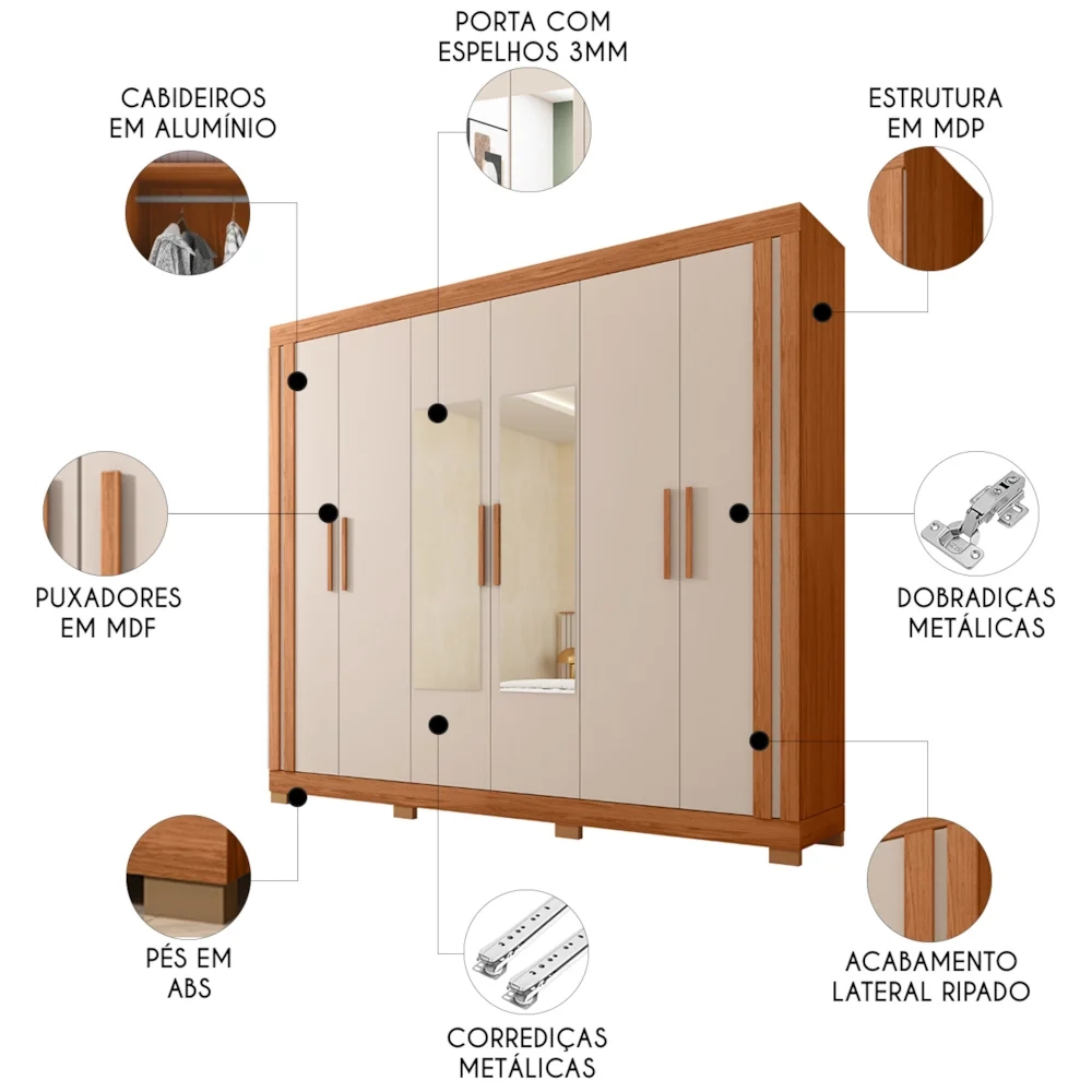 Guarda Roupa Casal 230cm 6 Portas Espelho Brasid Freijó/Off C01 - Mpozenato