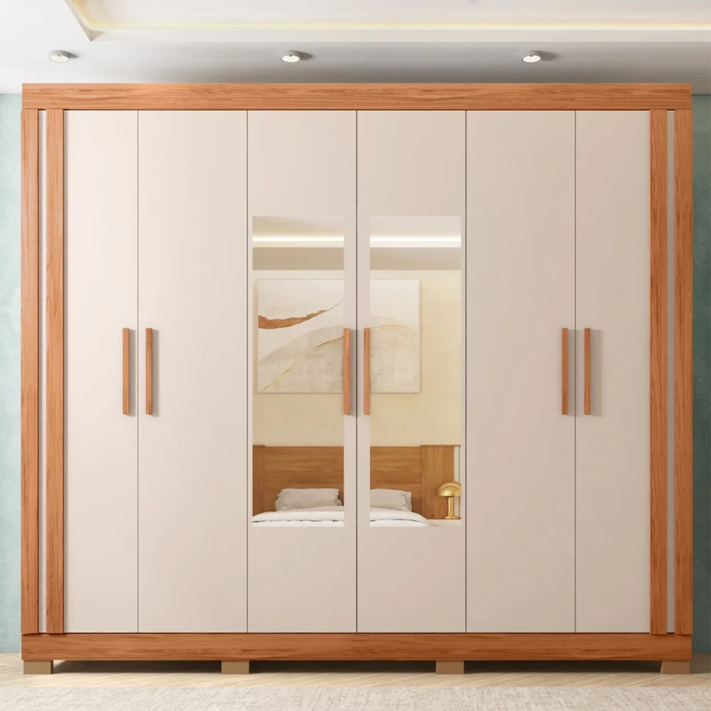 Guarda Roupa Casal 230cm 6 Portas Espelho Brasid Freijó/Off C01 - Mpozenato