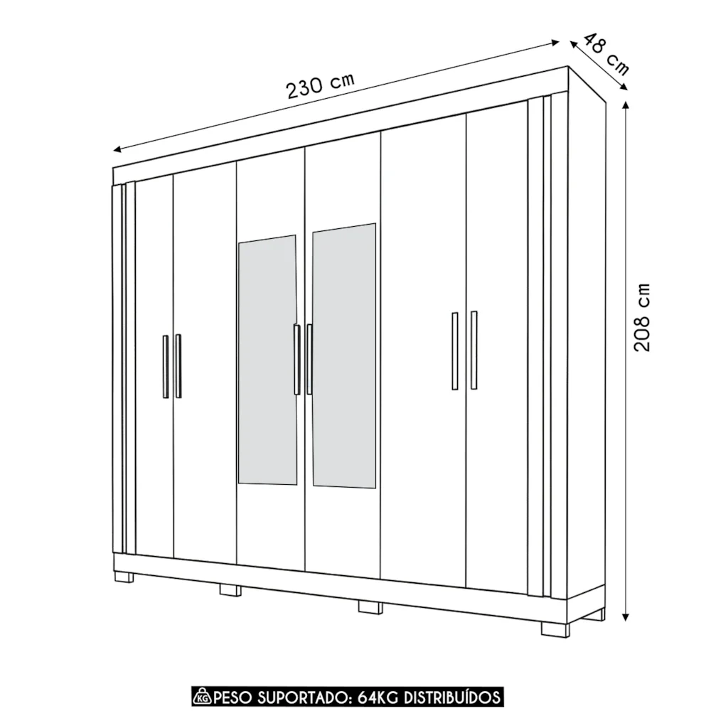 Guarda Roupa Casal 230cm 6 Portas Espelho Brasid Freijó/Off C01 - Mpozenato