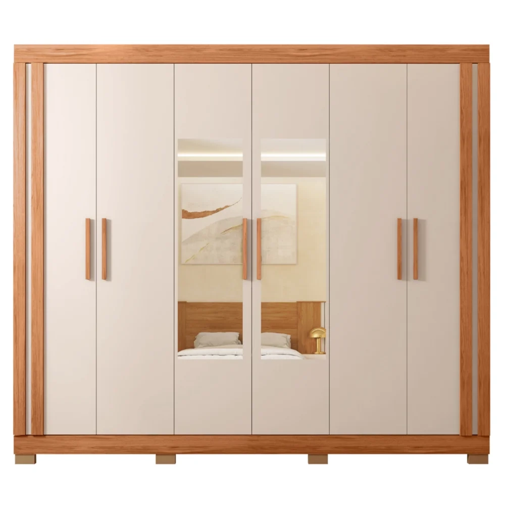 Guarda Roupa Casal 230cm 6 Portas Espelho Brasid Freijó/Off C01 - Mpozenato