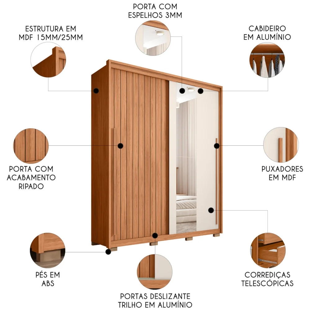 Guarda Roupa Casal 179cm Com Espelho Sabin Freijó/Off C01 - Mpozenato