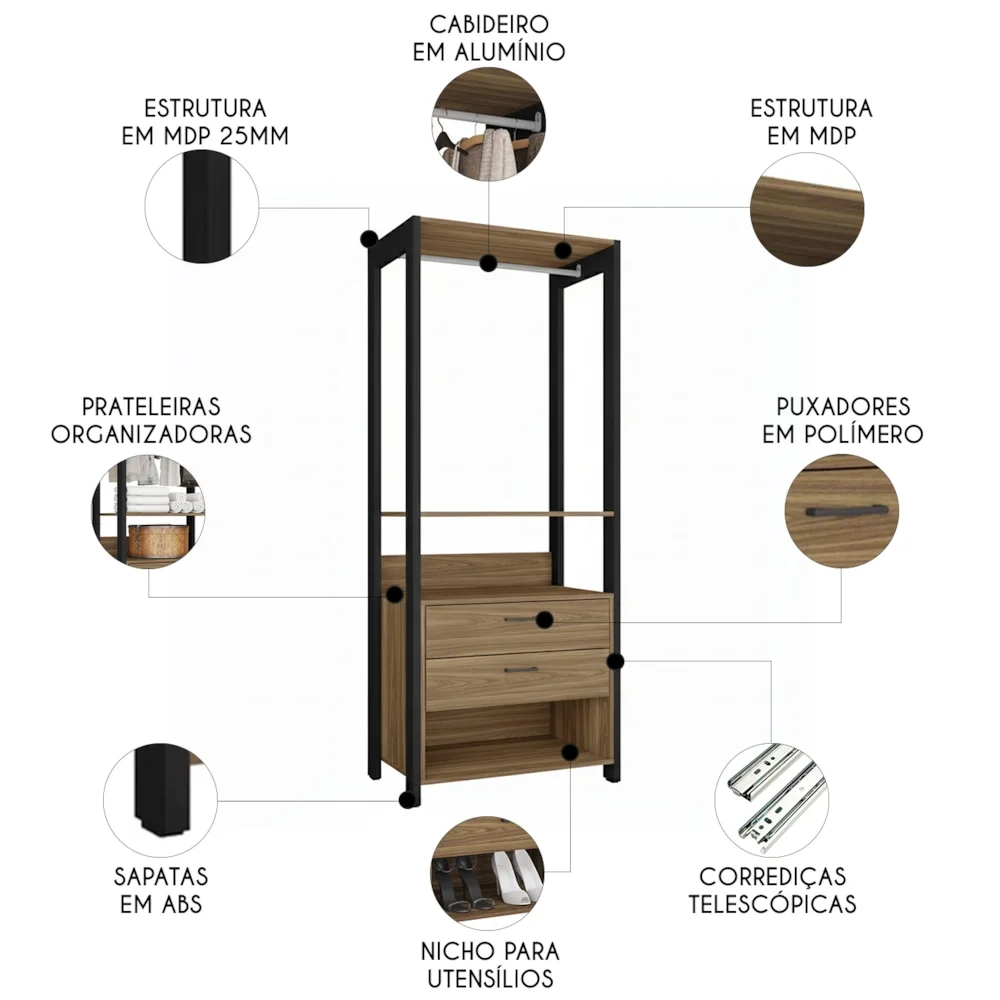 Guarda Roupa Solteiro Closet 73cm 2 Gavetas Una Mel/Preto C01 - Mpozenato