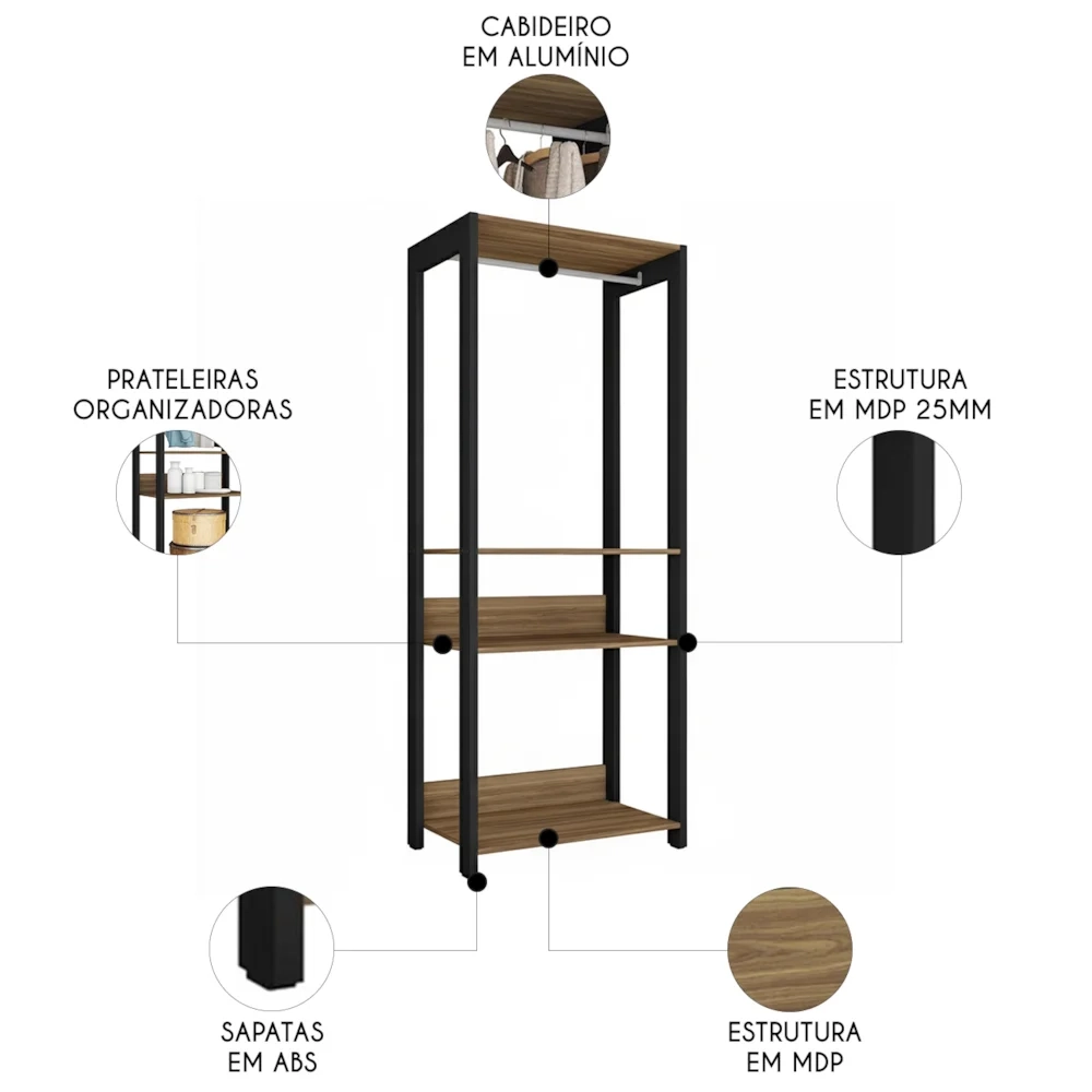 Guarda Roupa Solteiro Closet 73cm 3 Prateleiras Una Mel/Preto C01 - Mpozenato