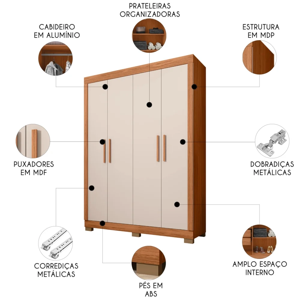 Guarda Roupa Solteiro 154cm Com 4 Portas Brasid Freijó/Off C01 - Mpozenato